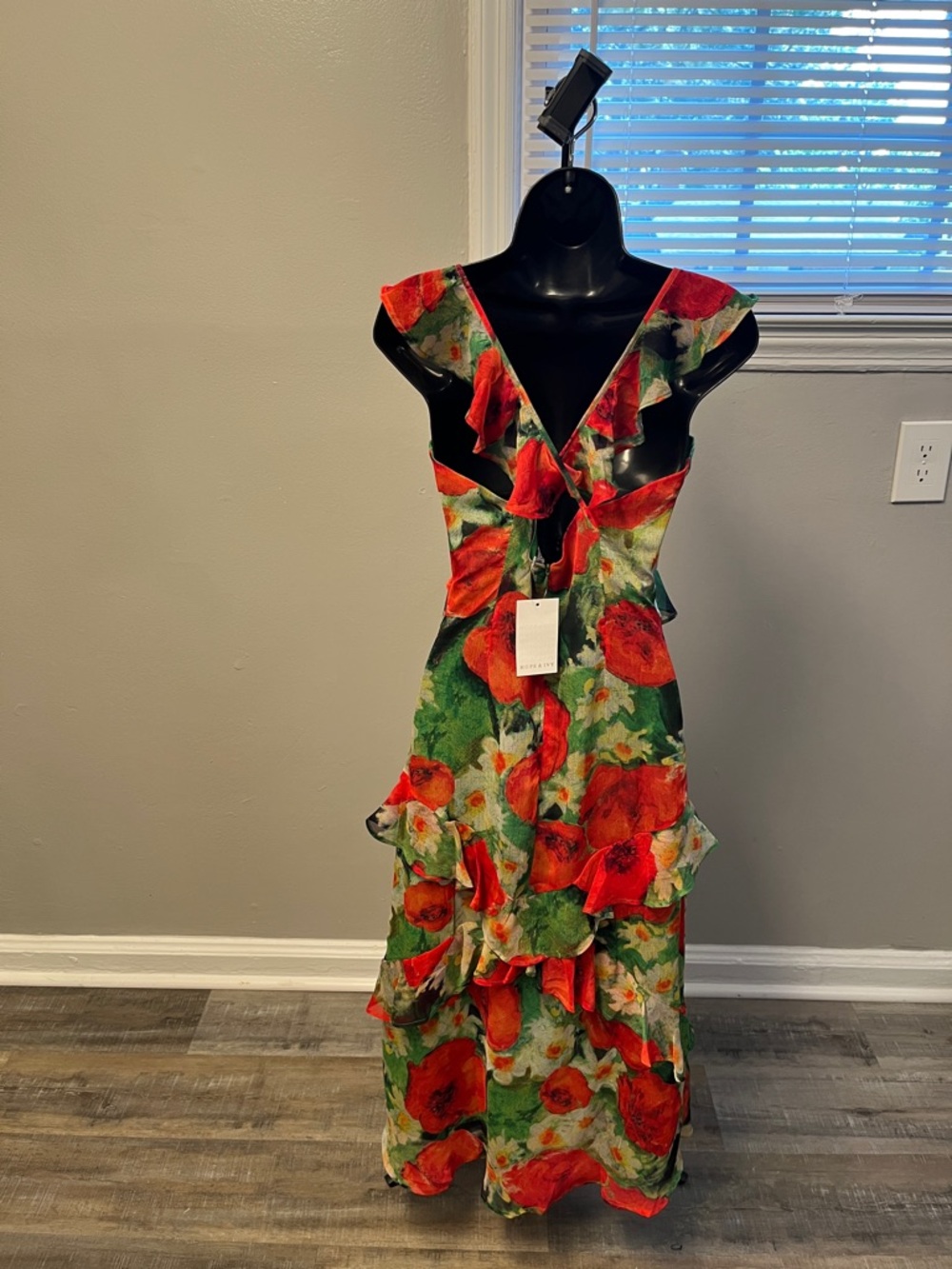 Red Floral Ruffle Maxi Dress in Green Background - Picture 2 of 2